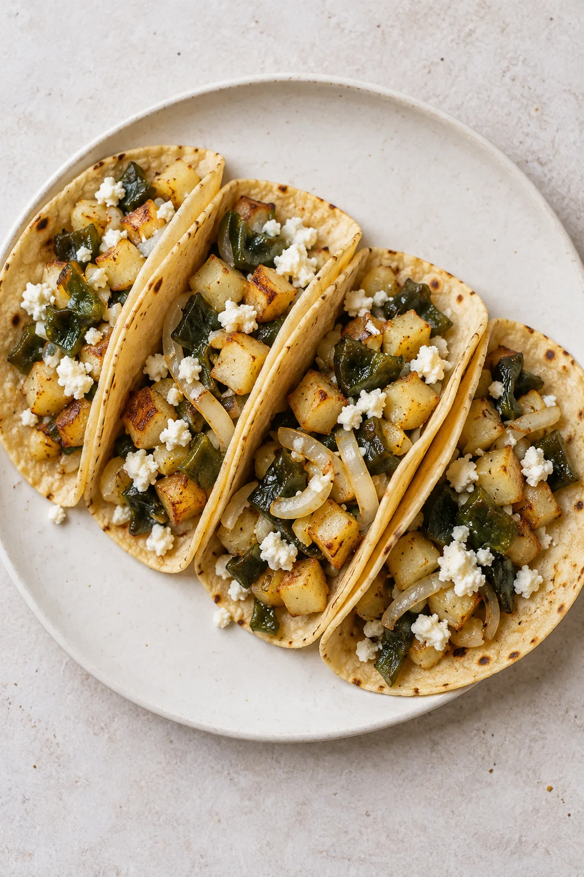 Overhead view of corn tacos filled with browned potatoes and poblanos