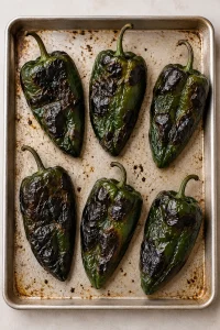 Poblano peppers with blistered skins after broiling