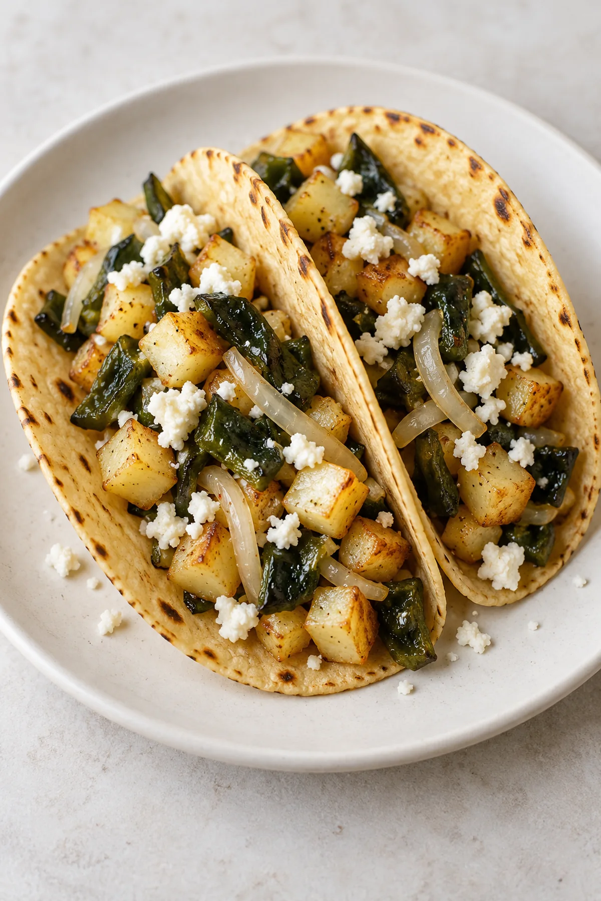 Two warm potato and green chile tacos ready to serve