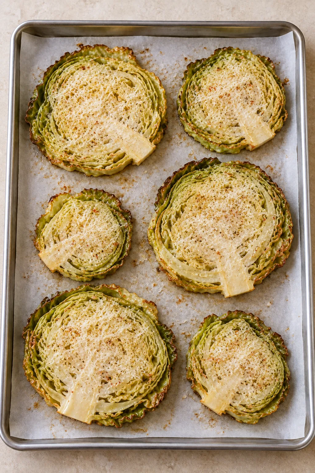 Partly roasted cabbage steaks topped with a thin layer of finely grated Parmesan before the final bake