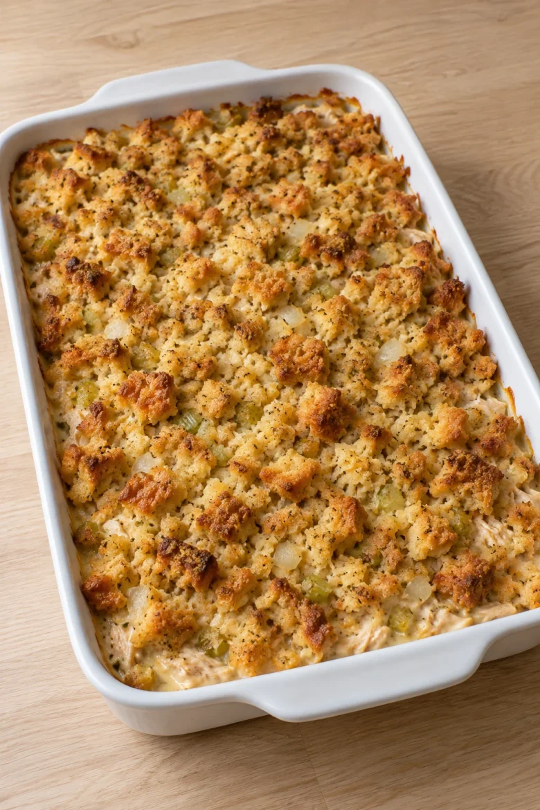 Whole rotisserie chicken and stuffing casserole with a golden bread topping in a white baking dish