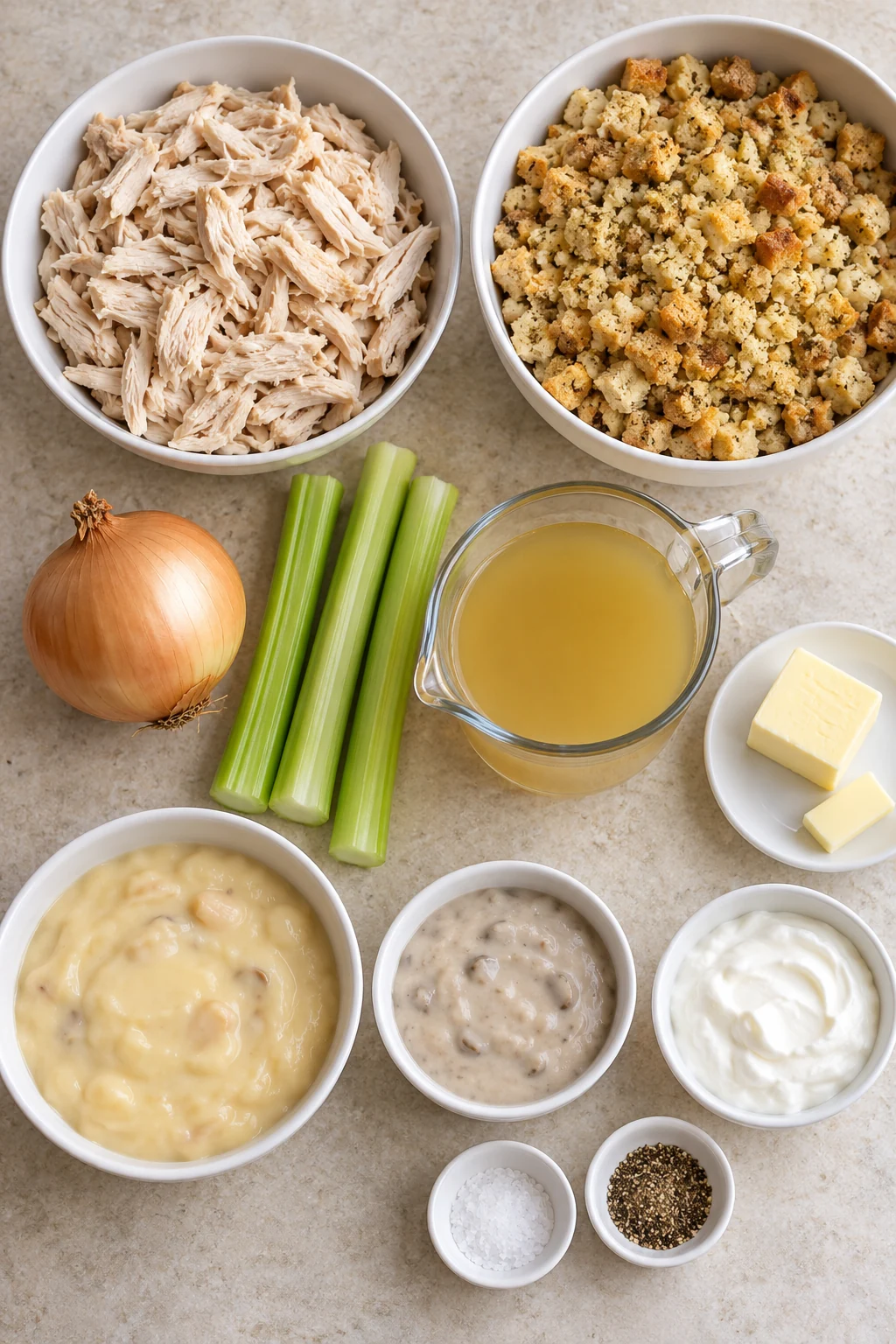 Shredded cooked chicken, stuffing mix, onion, celery, soups, sour cream, butter and broth on a counter