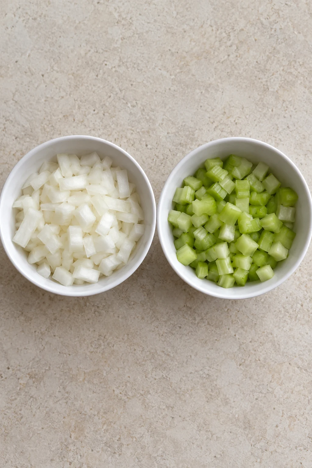 Diced onion and celery in two plain white bowls ready for the casserole