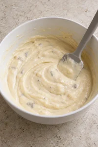 Cream of chicken soup, mushroom soup and sour cream stirred together in a white mixing bowl