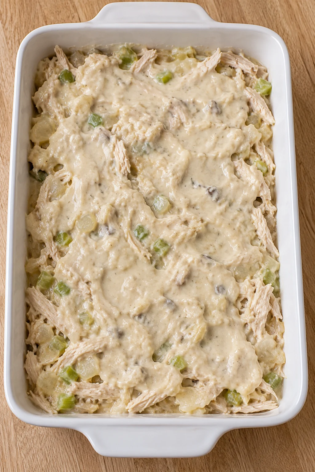 Creamy soup mixture spread over shredded chicken, onion and celery before the stuffing is added