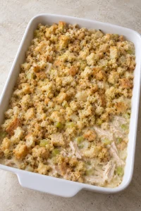 Prepared stuffing spread loosely over the creamy chicken casserole before baking