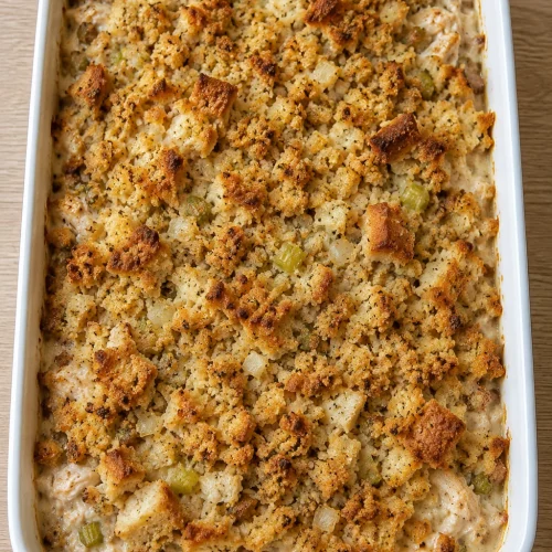 Overhead view of a baked chicken and stuffing casserole with browned bread tips