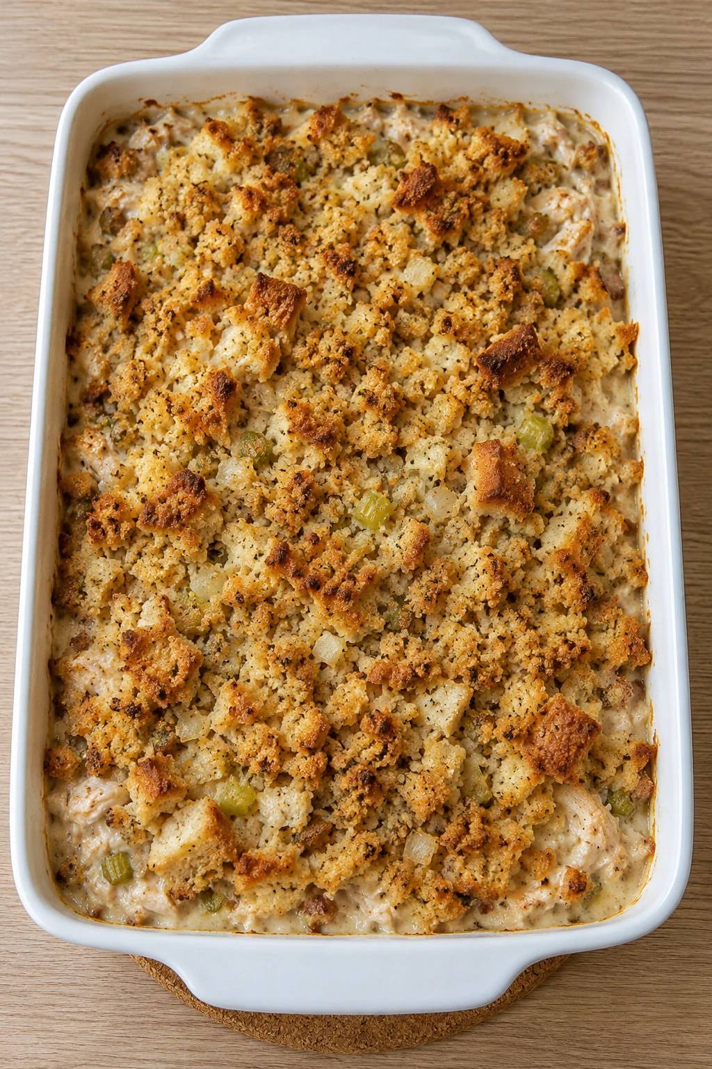 Overhead view of a baked chicken and stuffing casserole with browned bread tips