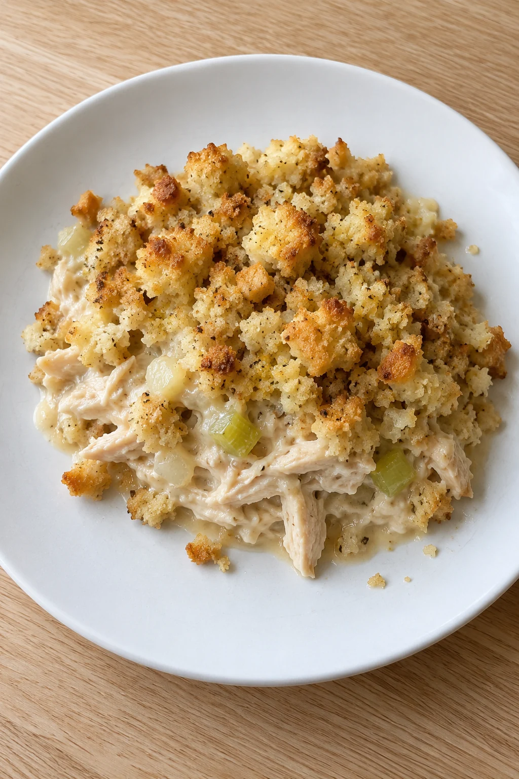A modest spooned portion of creamy chicken and golden stuffing on a plain white plate