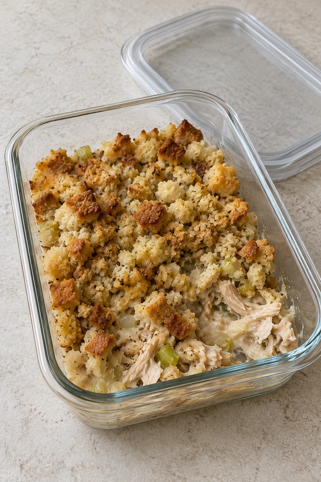 Leftover creamy chicken and stuffing in a shallow clear food container
