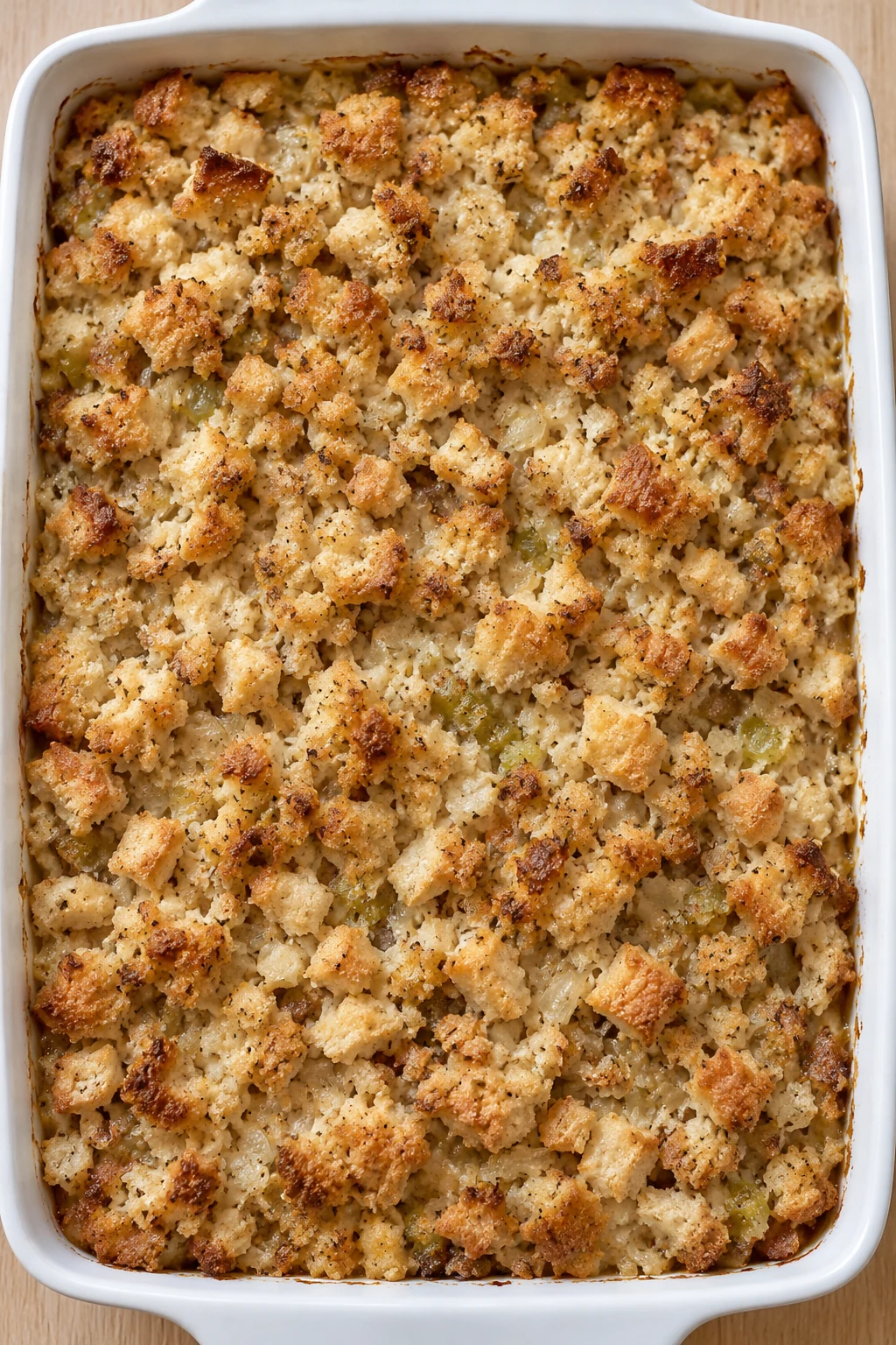 Close view of golden stuffing bread pieces across the unbroken casserole top
