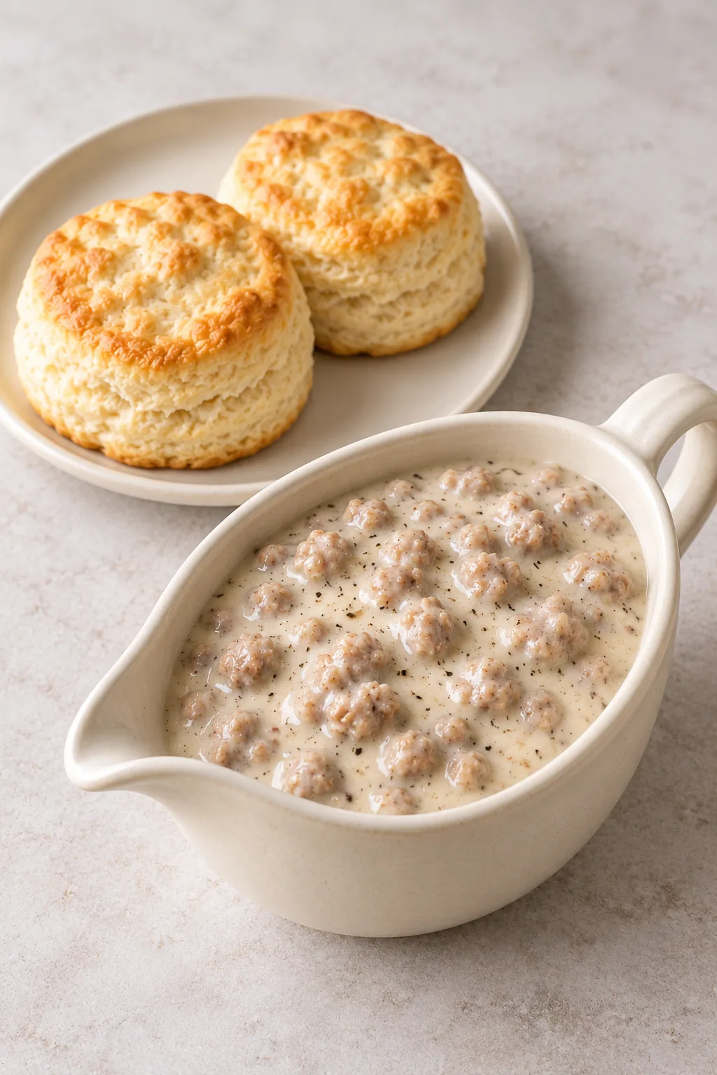 Creamy sausage gravy in a plain gravy boat beside whole golden biscuits