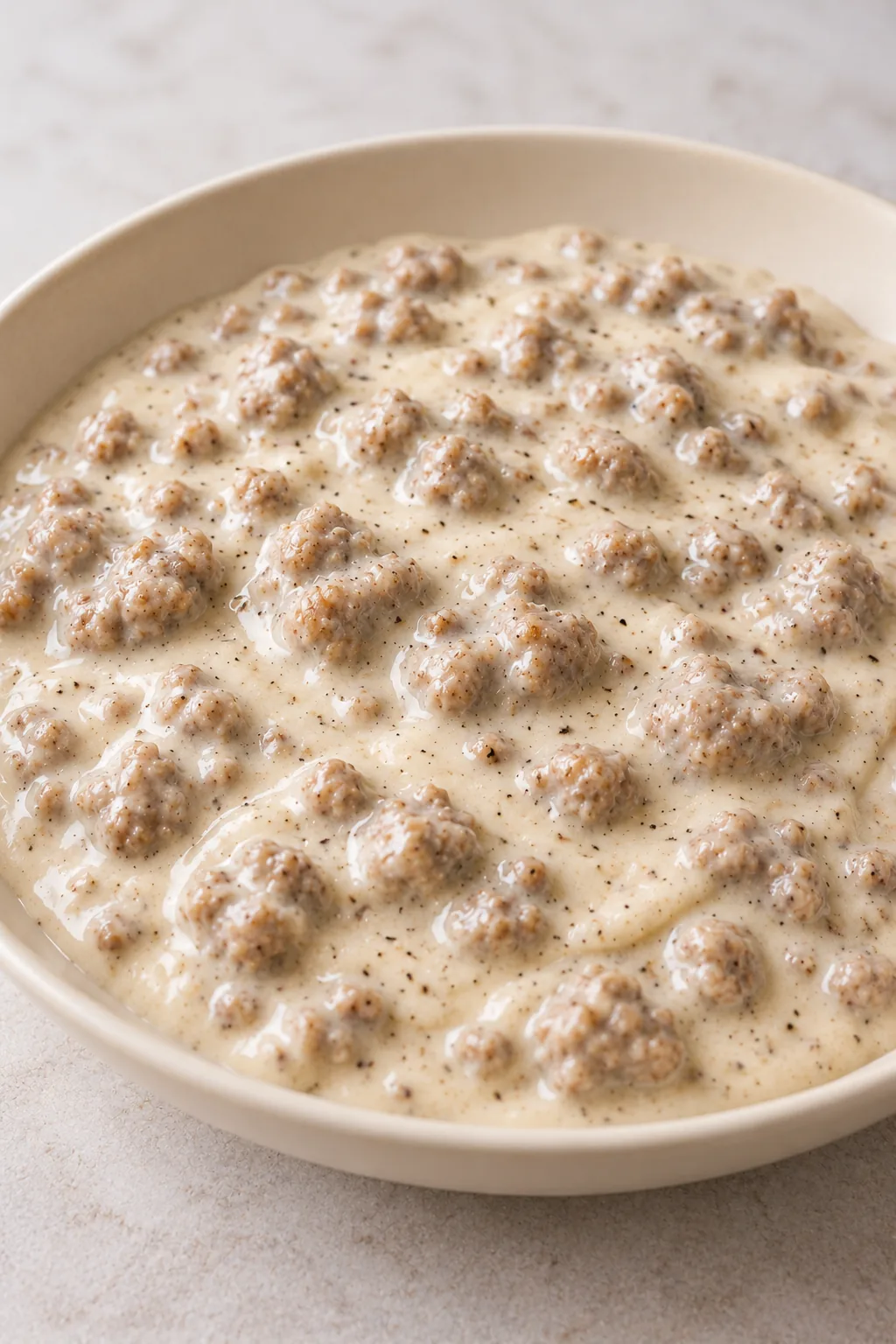 Close view of creamy milk gravy with small browned sausage crumbles and black pepper
