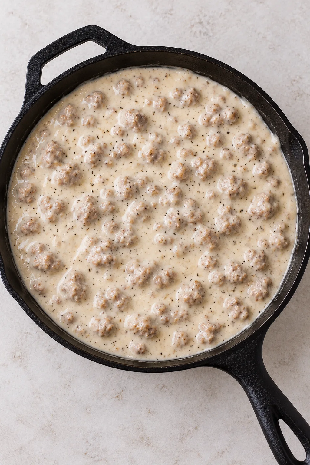 Finished off-white sausage gravy with browned sausage crumbles in a cast-iron skillet