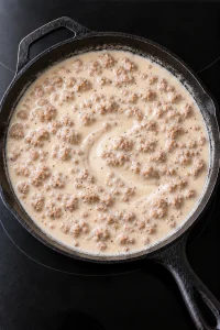 Sausage gravy thickening gently in the skillet before the final seasoning