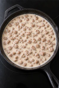 Cooked sausage in a thin milk mixture before the gravy thickens