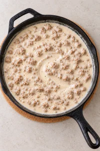 Finished sausage gravy seasoned with black pepper and ready to serve