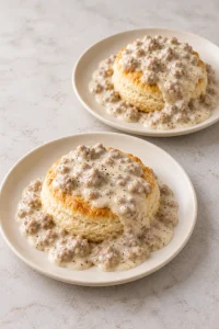 Two plates of whole biscuits topped with creamy sausage gravy