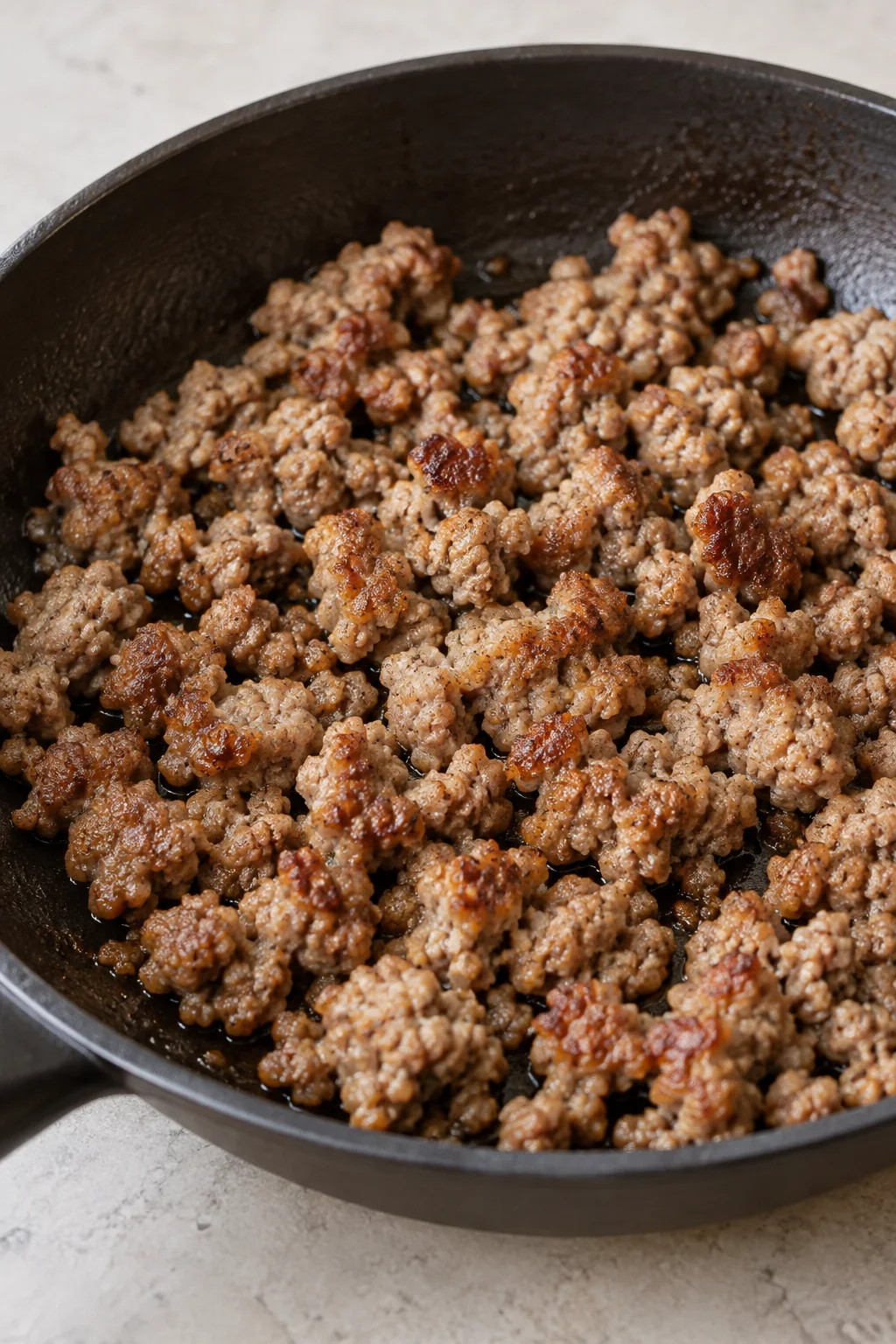 Browned breakfast sausage crumbles in a skillet