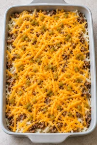 Shredded cheddar and drained diced green chiles over the sausage layer