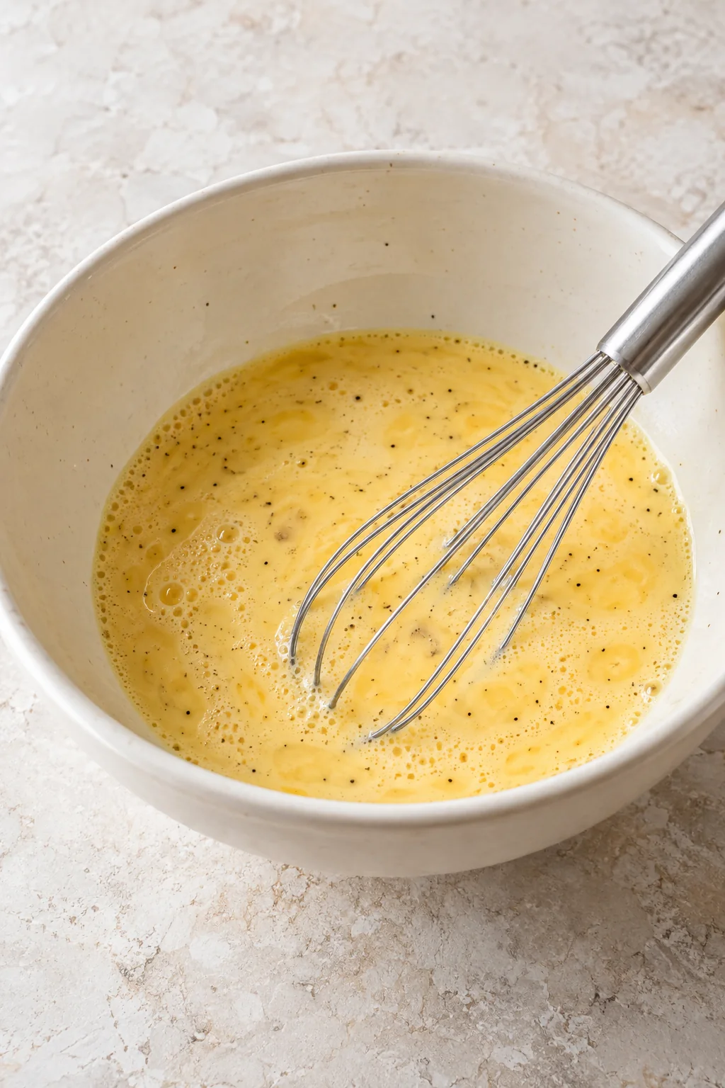 Eggs and milk whisked with garlic powder, onion powder, salt, and pepper