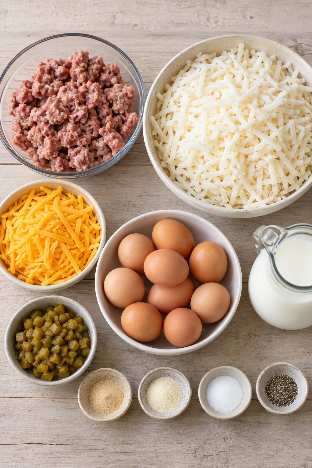 Breakfast sausage, hash browns, cheddar, eggs, milk, green chiles, and seasonings