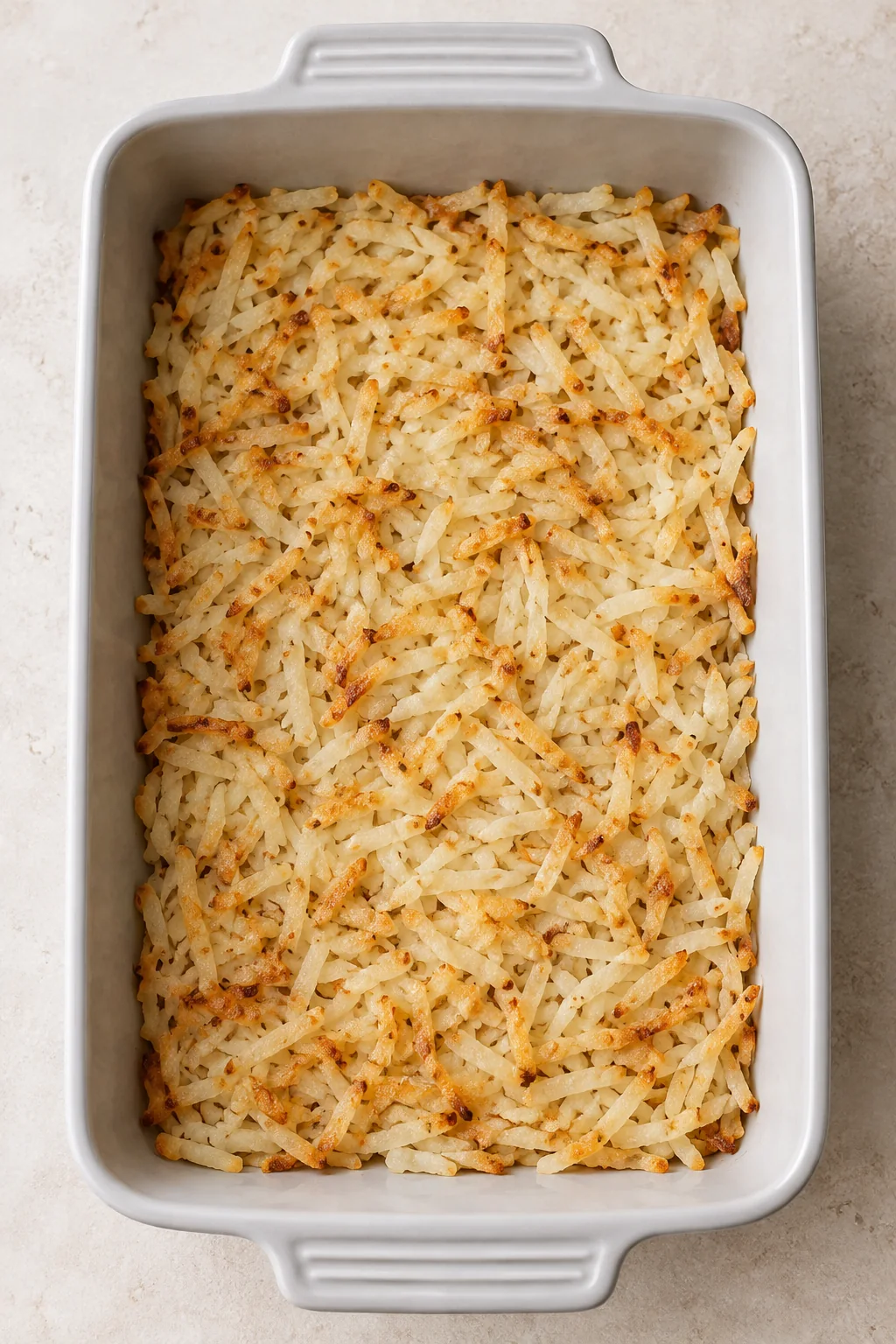 Cooked hash browns spread across the bottom of a casserole dish