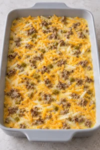 Unbaked sausage hashbrown casserole after the egg mixture is added