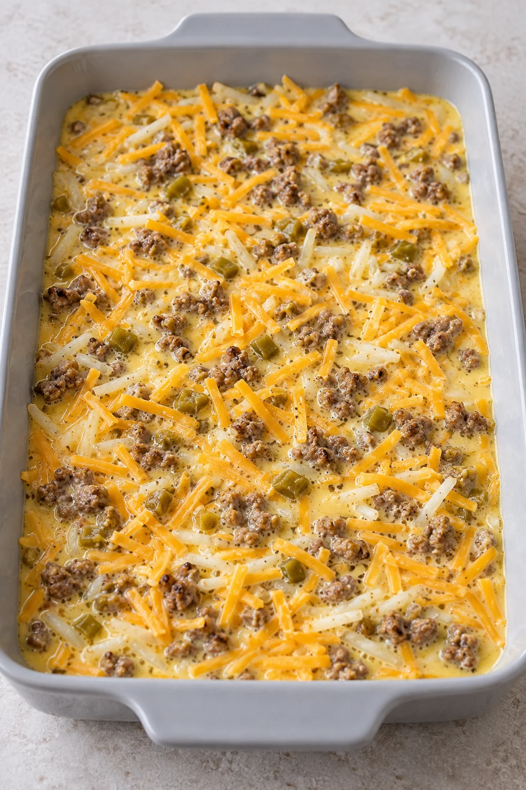 Unbaked sausage hashbrown casserole after the egg mixture is added