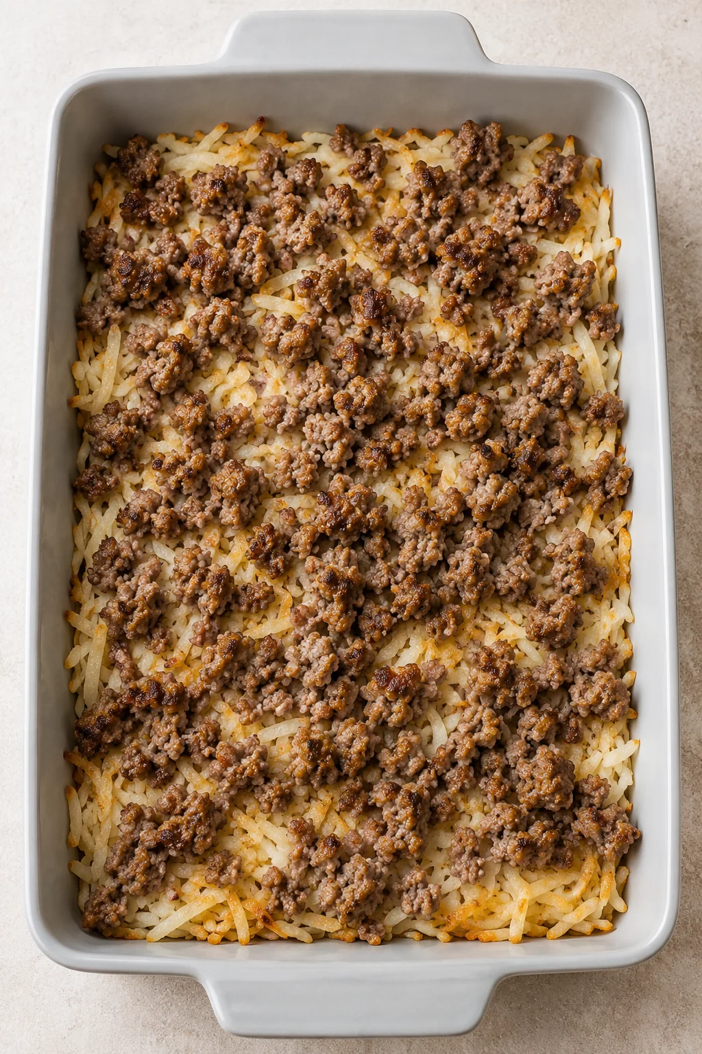 Browned sausage layered over the hash browns