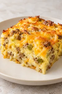 A square of baked sausage hashbrown casserole showing potatoes, sausage, and egg