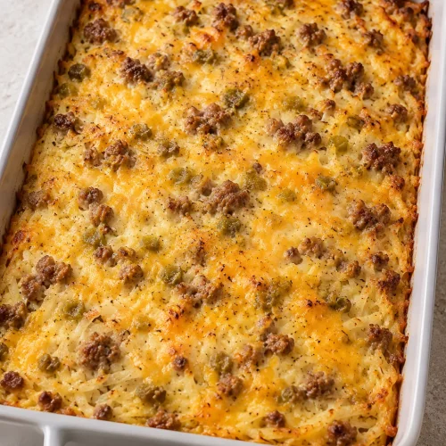 Whole baked sausage hashbrown casserole with cheddar and green chiles in a gray dish