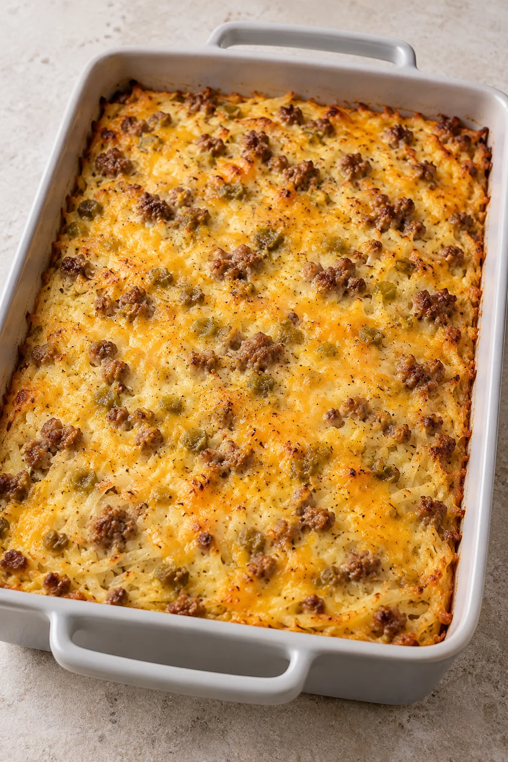 Whole baked sausage hashbrown casserole with cheddar and green chiles in a gray dish