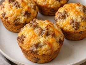 Golden sausage and cheddar muffins on a cream plate.