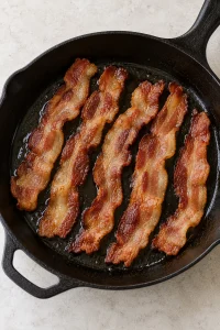 Bacon cooked until crisp in a skillet