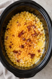 Shredded cheddar added to corn before melting