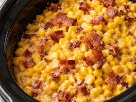 Slow cooker cheddar corn with bacon in a black ceramic crock