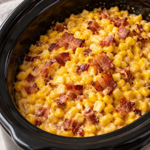 Slow cooker cheddar corn with bacon in a black ceramic crock