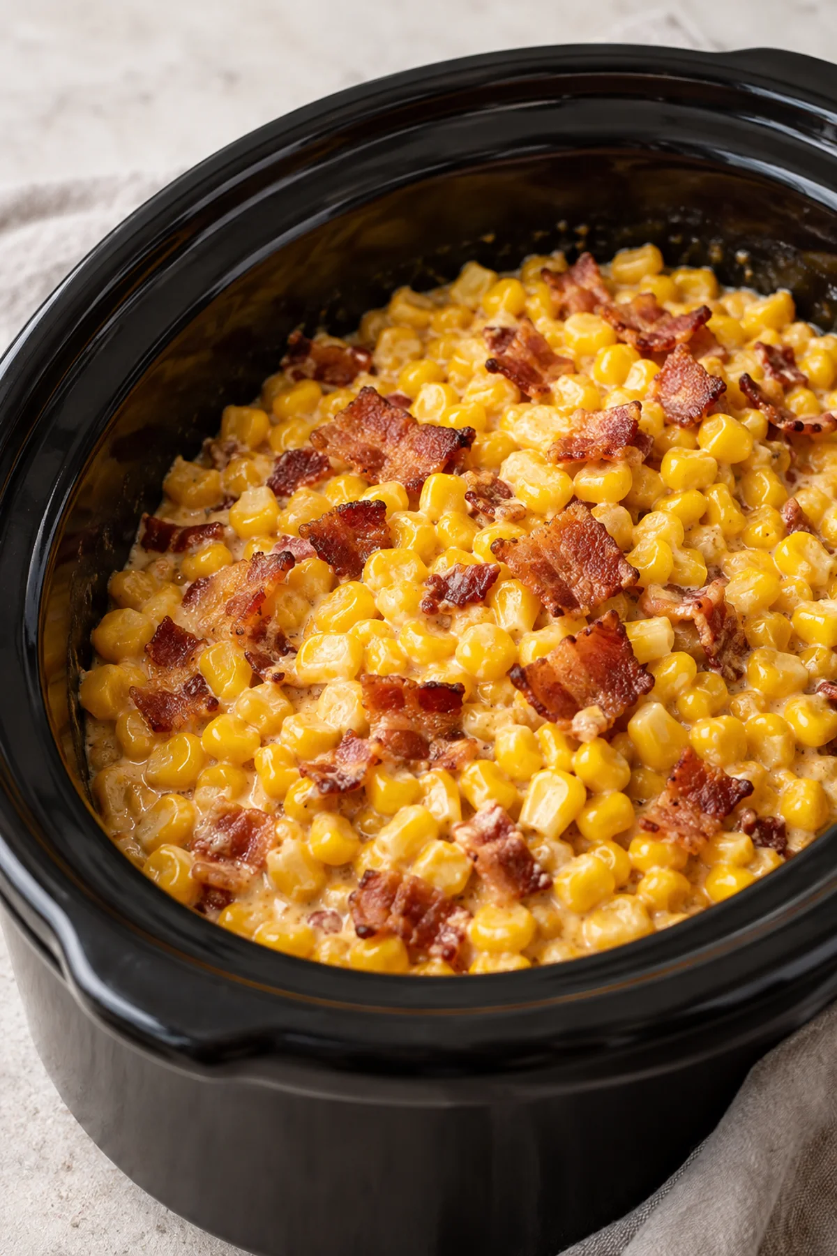 Slow cooker cheddar corn with bacon in a black ceramic crock