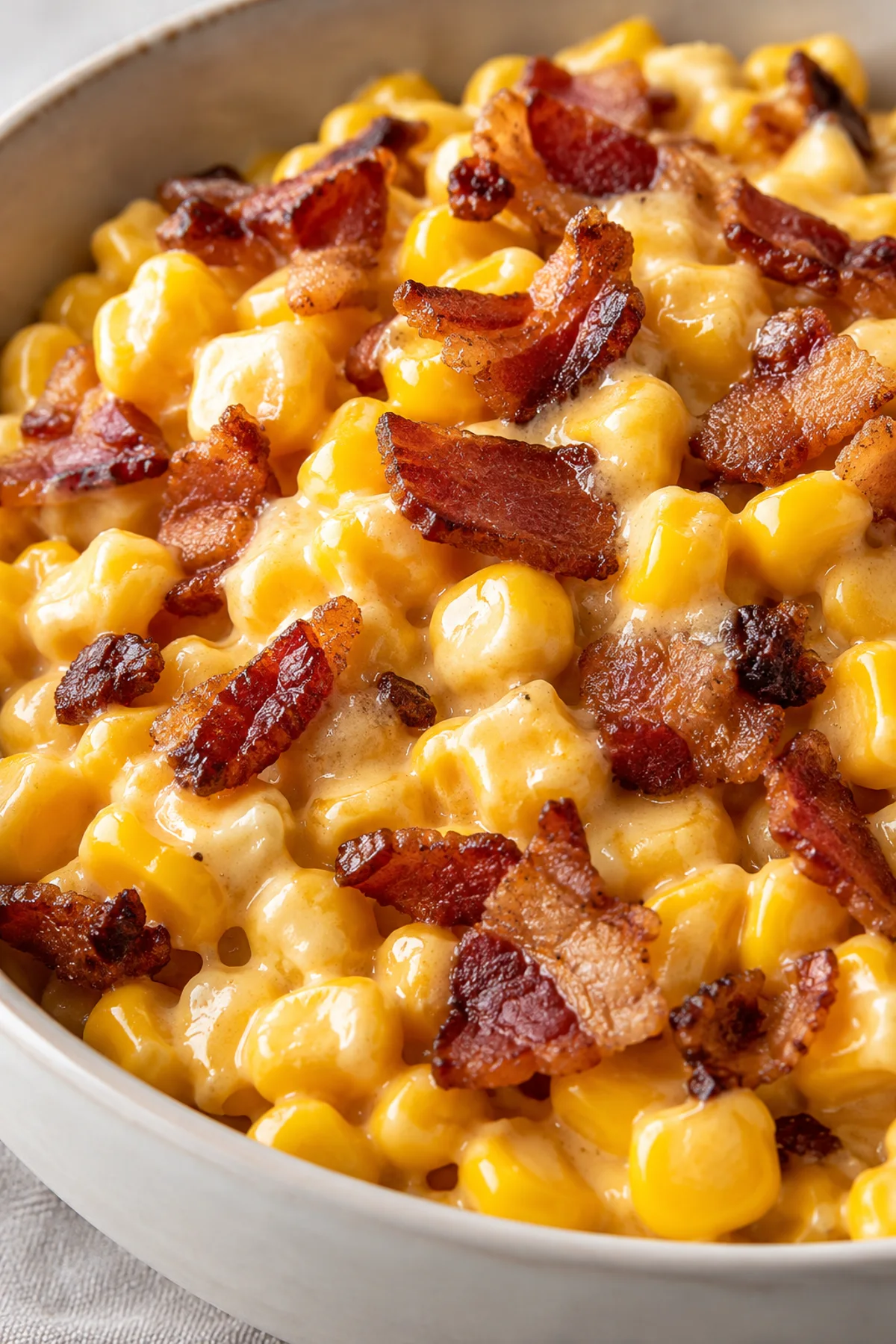 Close view of corn kernels in cheddar sauce with bacon