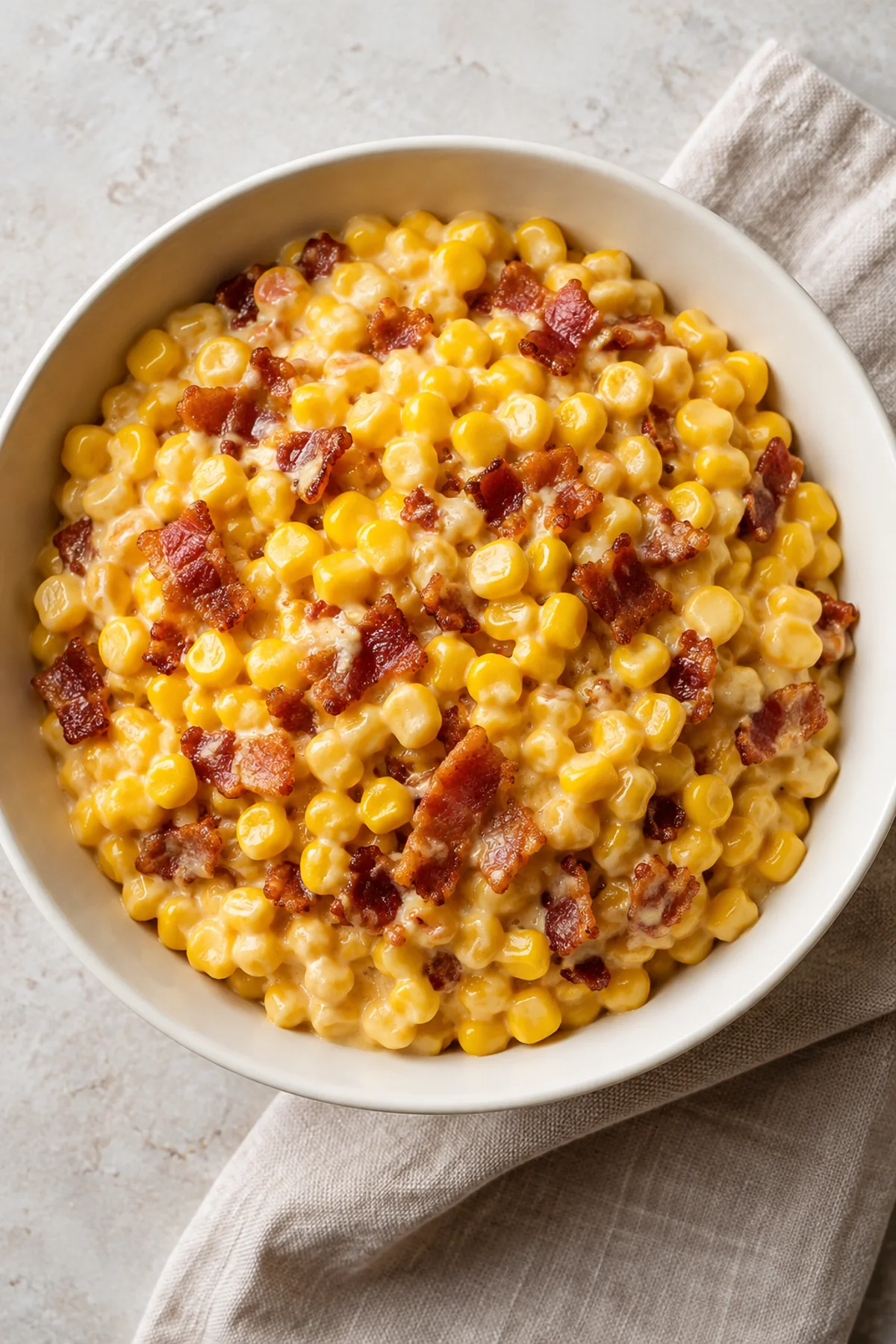 Overhead view of creamy cheddar corn topped with bacon