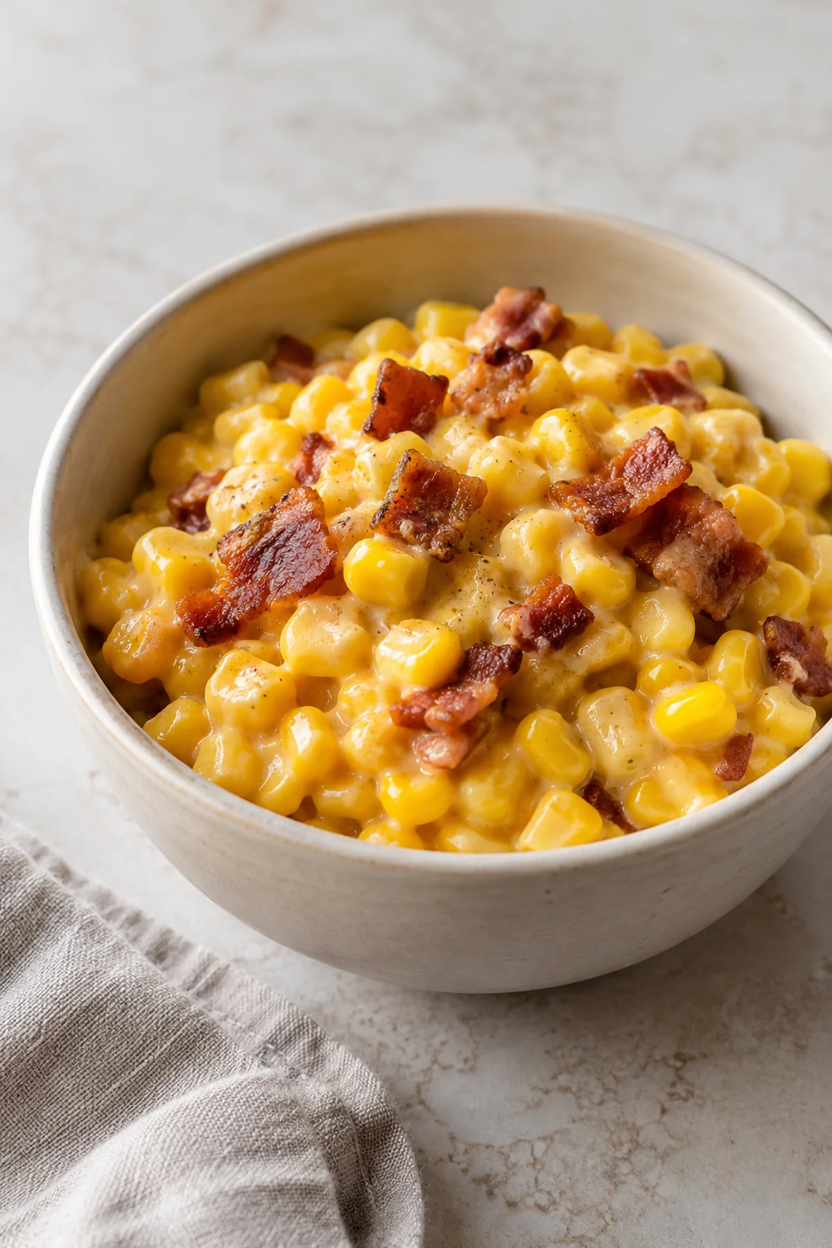 Small bowl of cheddar corn with crisp bacon pieces