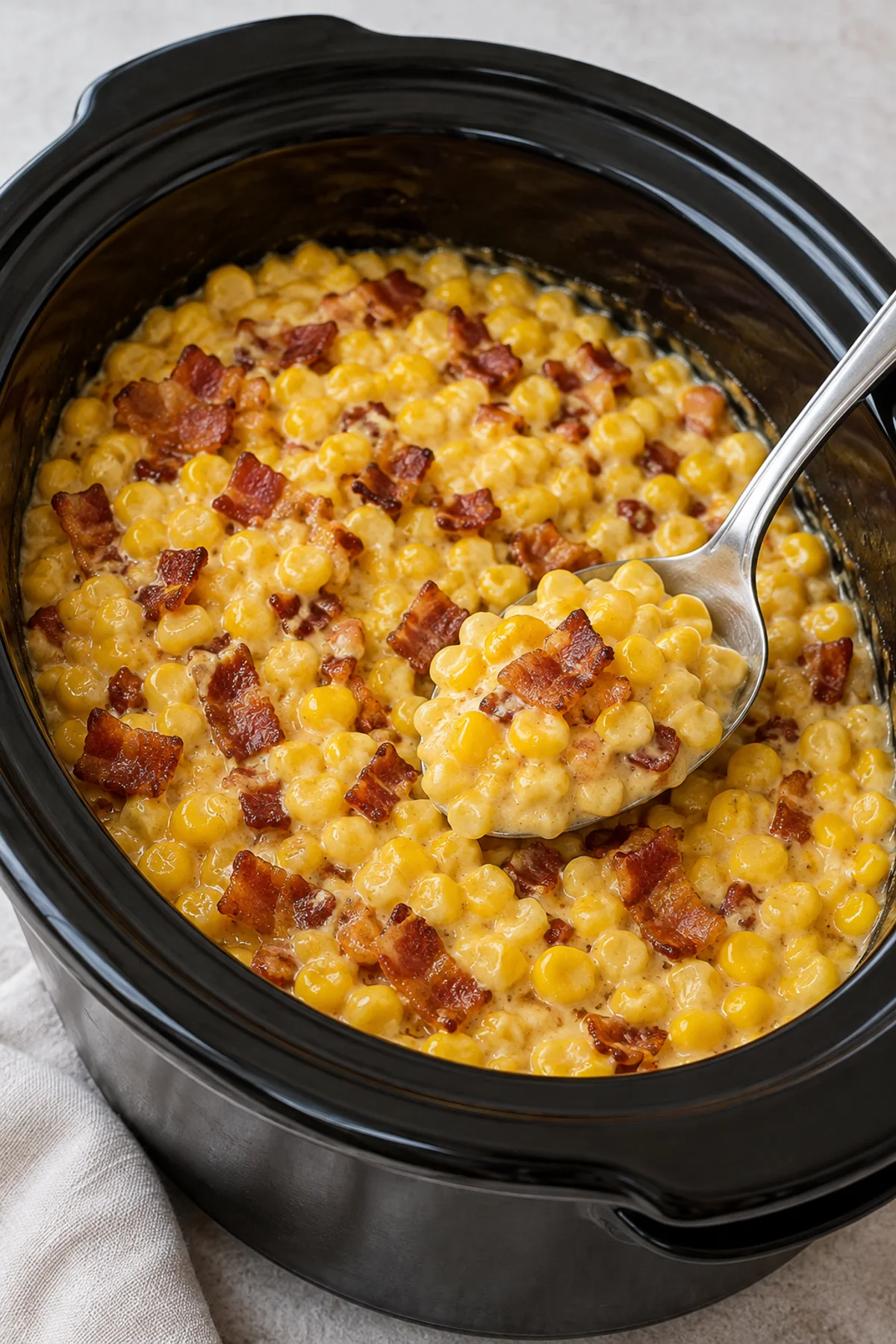 Serving spoon in slow cooker cheddar corn with bacon