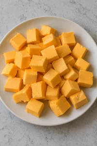 Orange processed melting cheese cut into roughly one-inch cubes
