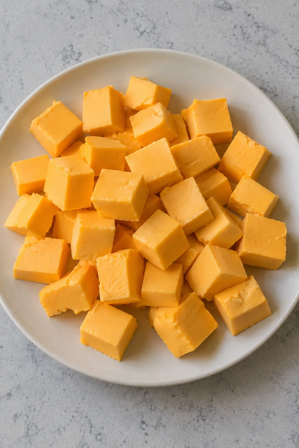 Orange processed melting cheese cut into roughly one-inch cubes