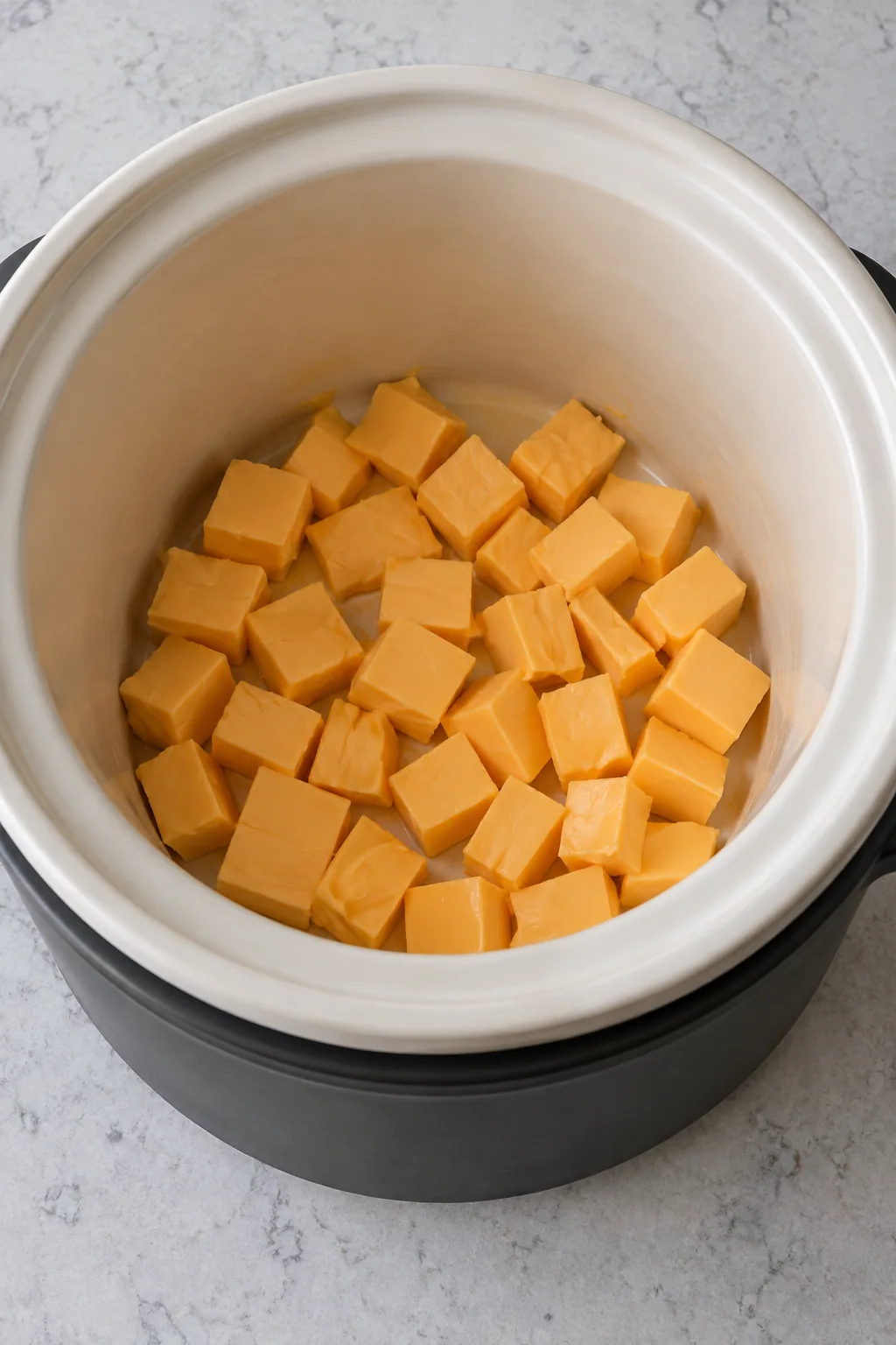 Processed cheese cubes placed in the bottom of a small slow cooker