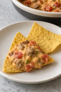 A tortilla chip topped with creamy sausage dip on a plain plate