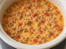A full crock of creamy sausage dip with browned pork, melted cheese, and diced tomatoes with green chilies