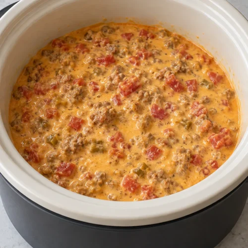 A full crock of creamy sausage dip with browned pork, melted cheese, and diced tomatoes with green chilies