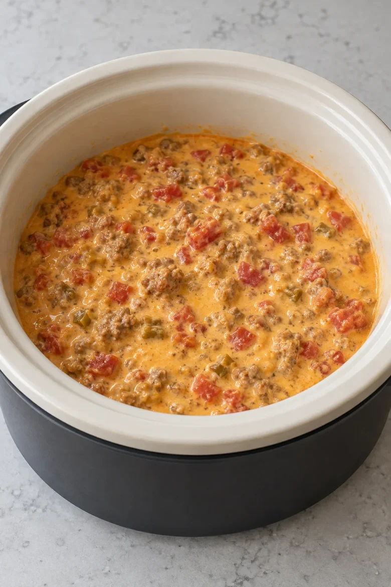 A full crock of creamy sausage dip with browned pork, melted cheese, and diced tomatoes with green chilies